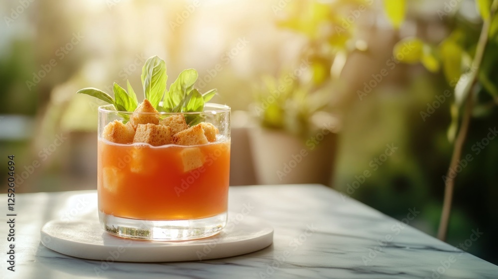 Fototapeta premium Refreshing tomato drink, basil garnish, outdoor cafe