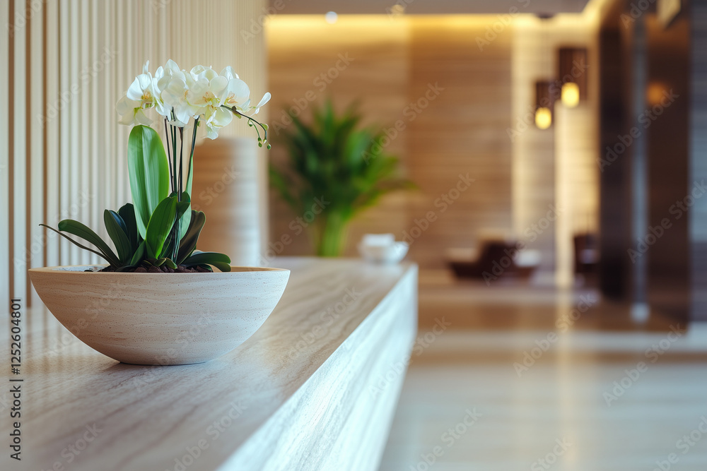 Fototapeta premium Step into an Atmosphere of Ultimate Relaxation at a Luxurious Hotel Spa Reception Desk, Featuring Soft-Focus Lighting and Elegant Modern Design Elements