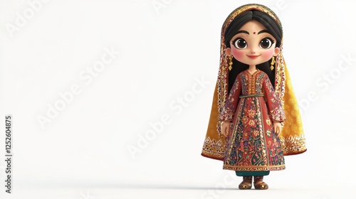 a 3D cartoon character in Iranian Persian traditional dress, rich embroidery, poised and elegant, isolated on white background