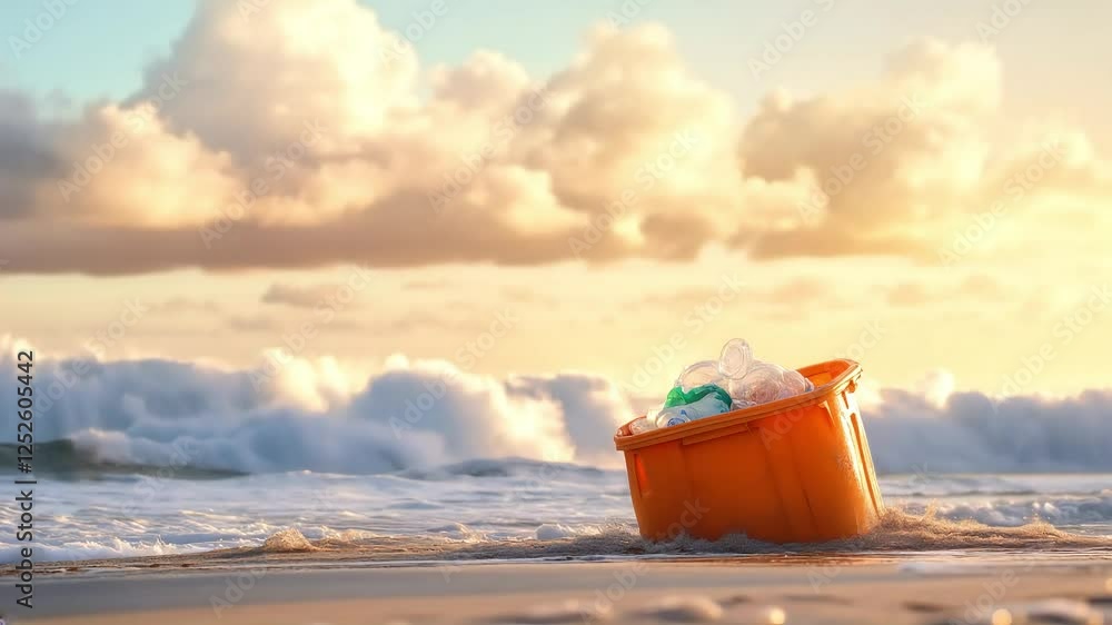 Ocean waves engulf trash bin on sunny beach: environmental impact in motion Ocean waves engulf trash bin on sunny beach: environmental impact in motion