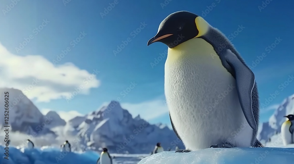Fototapeta premium Antarctic Penguin on Ice Floe, Majestic Mountain Background