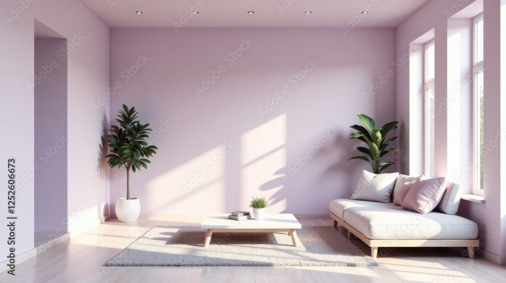 Fototapeta premium Serene Living Room with Pale Walls, Light Wood Furniture, and Lush Greenery