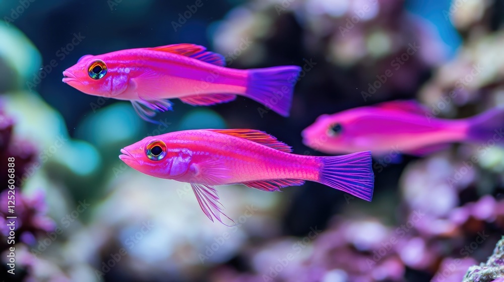 Obraz premium A trio of vivid pink fish gracefully swimming in a colorful coral reef, their movement adding beauty and life to the vibrant marine world