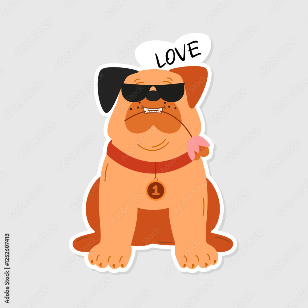 Obraz premium Bulldog Dog sticker on isolated white background. Funny dog sticker and lettering Love. Humorous picture for decoration in social networks, web design, logo. Image of a bulldog.