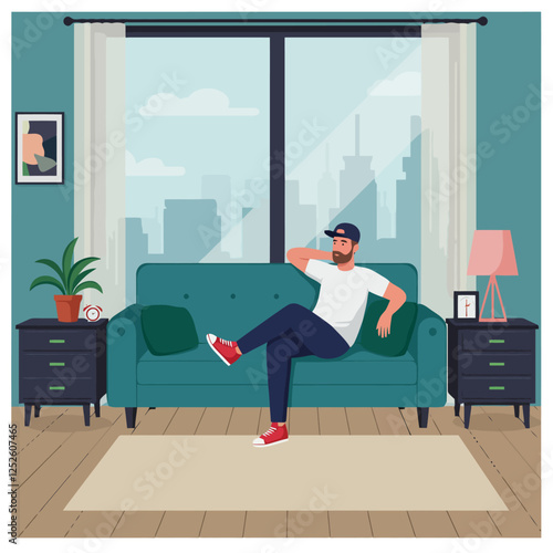 Man Relaxing on Sofa in Modern Apartment with City View