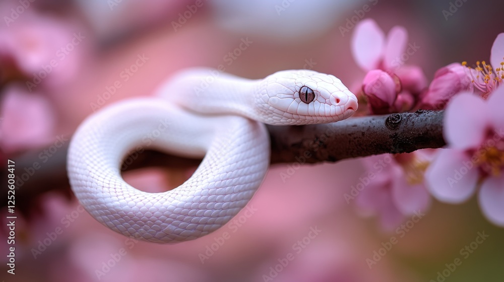 Fototapeta premium Albino snake coiled on blossoming branch, spring garden, macro