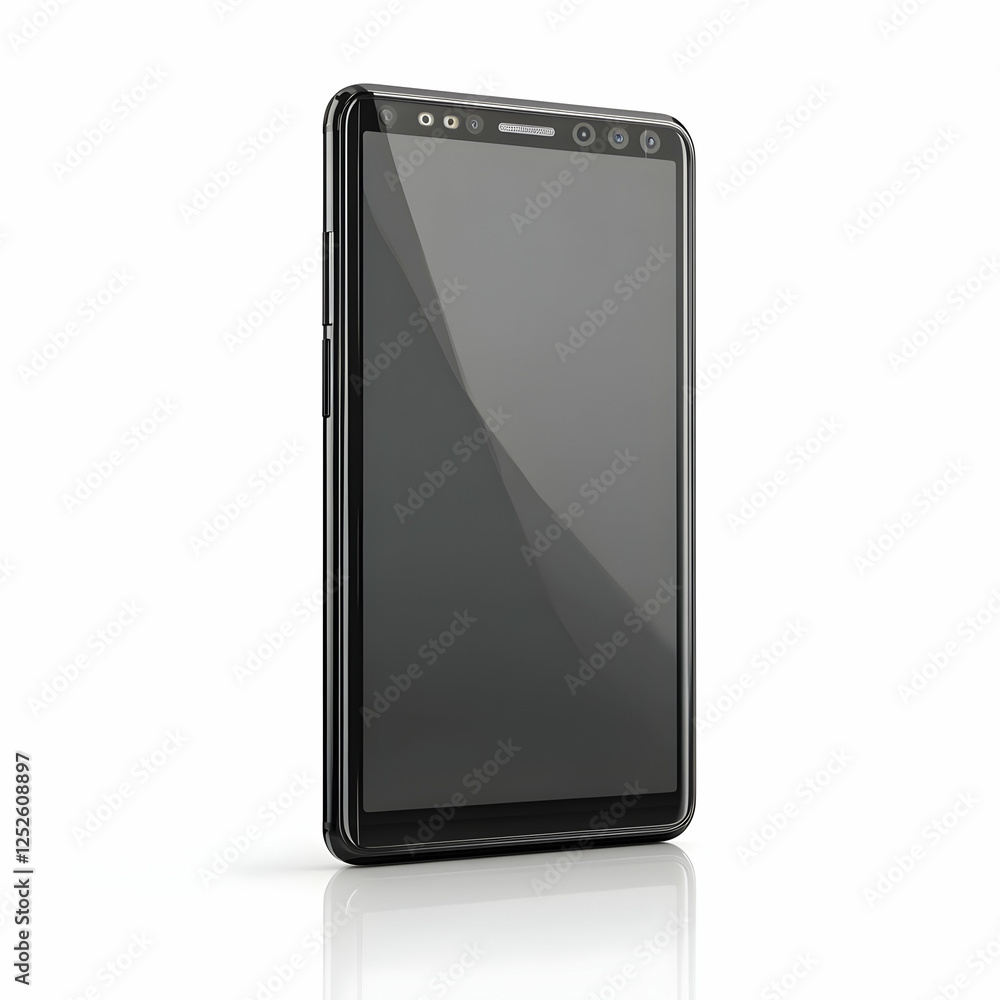 Sleek black smartphone, isolated, white background, technology showcase Sleek black smartphone, isolated, white background, technology showcase