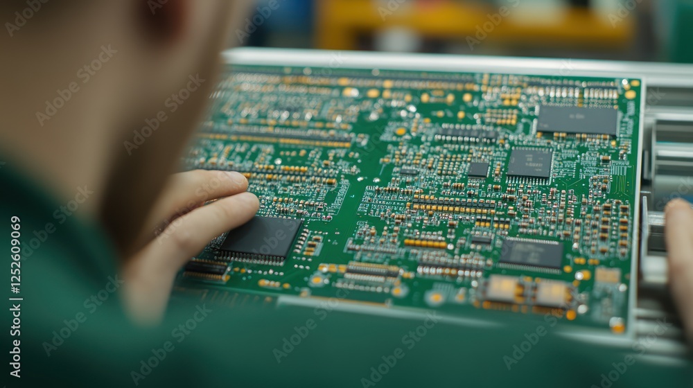 Fototapeta premium Close Up Focus on Hands Working with Circuit Board in Electronics Workshop for Technology and Innovation