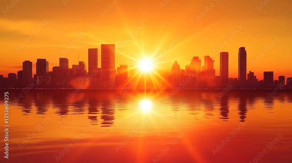 Fototapeta premium City Skyline Silhouette at Sunset Over Water