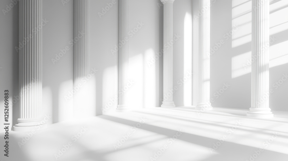 3D rendering of Greek columns on a white background, with soft shadows and diffused light rays 3D rendering of Greek columns on a white background, with soft shadows and diffused light rays