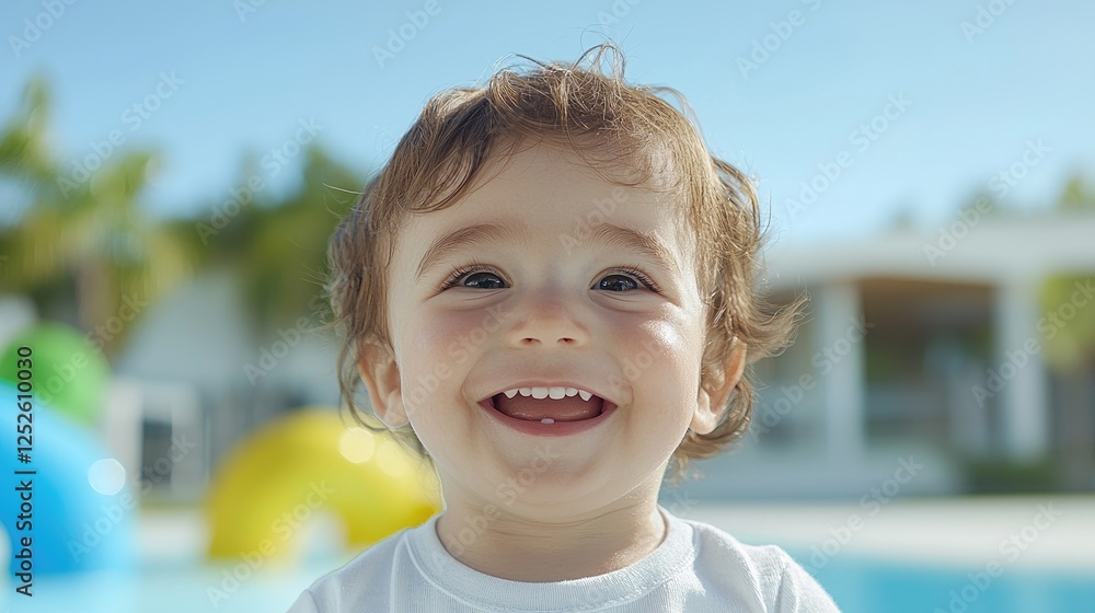 Happy toddler by pool, sunny resort background Happy toddler by pool, sunny resort background