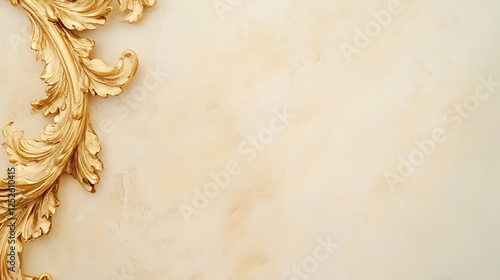 Gold ornate leaf design on beige textured background