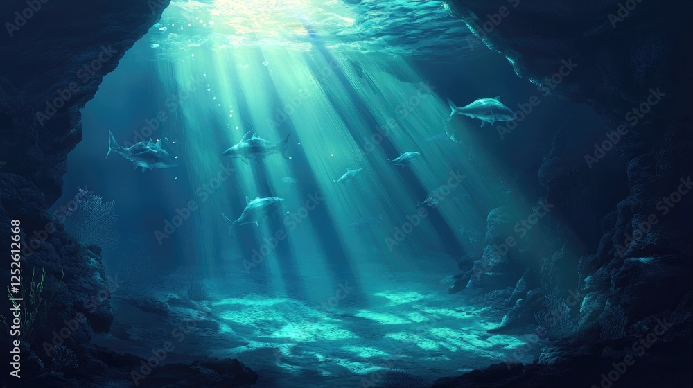 Sunlight streams into an underwater cave, illuminating a school of fish as they swim peacefully, capturing the beauty and mystery of the ocean depths Sunlight streams into an underwater cave, illuminating a school of fish as they swim peacefully, capturing the beauty and mystery of the ocean depths