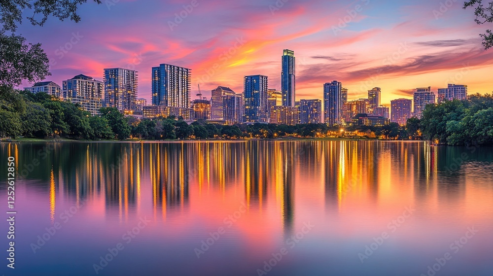 The city skyline reflects the warm colors of a stunning sunset in the still water, creating a peaceful and picturesque evening view The city skyline reflects the warm colors of a stunning sunset in the still water, creating a peaceful and picturesque evening view