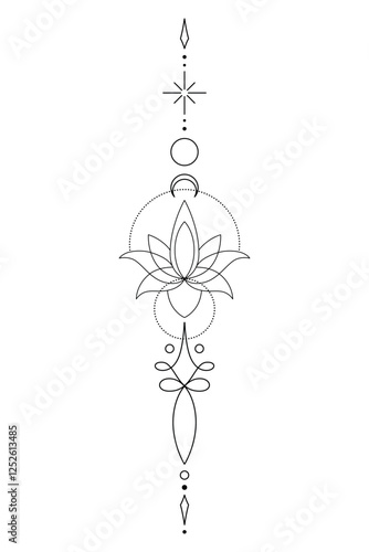 Mystic Lotus Sacred Geometry Unalome Boho Tattoo Design. Vector isolated buddhist line hand drawn symbol