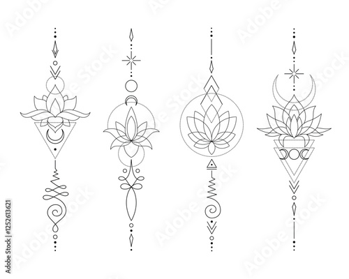 Set of Mystic Lotus Sacred Geometry Unalome Boho Tattoo Design Collection. Vector isolated buddhist line hand drawn symbol