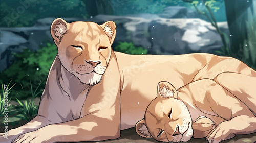 Lioness and her cub sleeping together in a peaceful setting showcasing the bond between mother and child in the animal kingdom photo