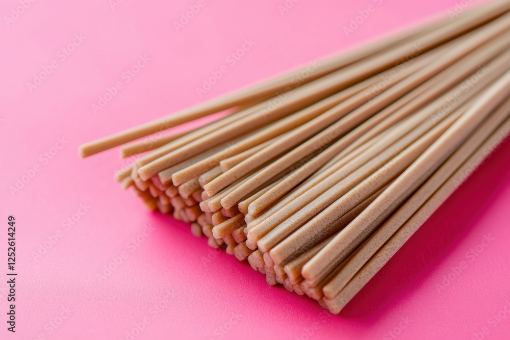 Bundle of raw soba noodles arranged on pink background