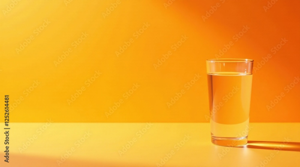 A single glass of clear water sits on a vibrant yellow surface, bathed in warm, sunny light, creating a simple yet visually appealing scene. A single glass of clear water sits on a vibrant yellow surface, bathed in warm, sunny light, creating a simple yet visually appealing scene.