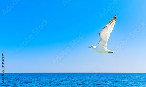 Seagull in Flight Over Serene Blue Ocean and Clear Sky