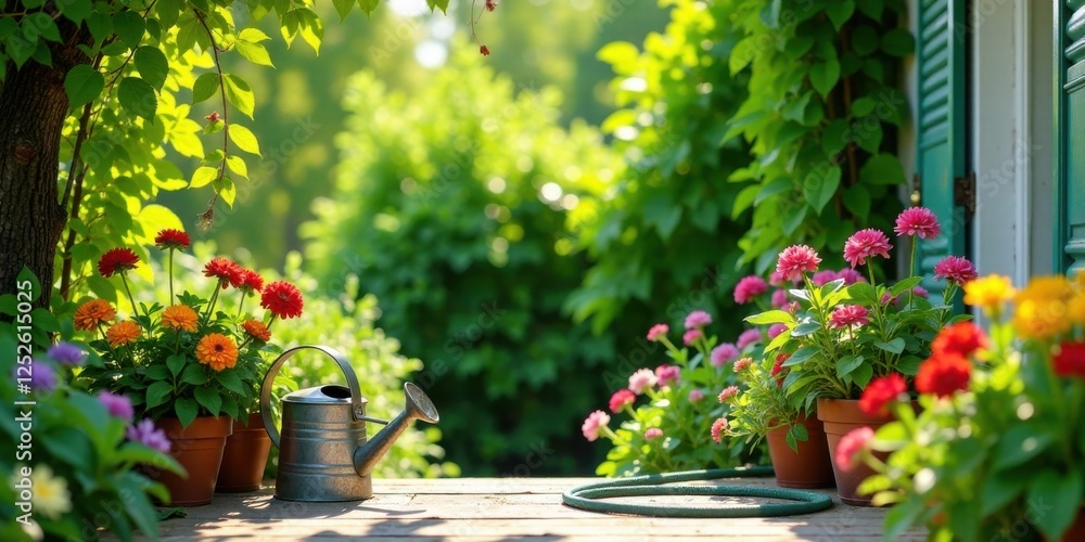 Obraz premium Sunlit Garden Scene with Blooming Flowers and Watering Can on Wooden Patio