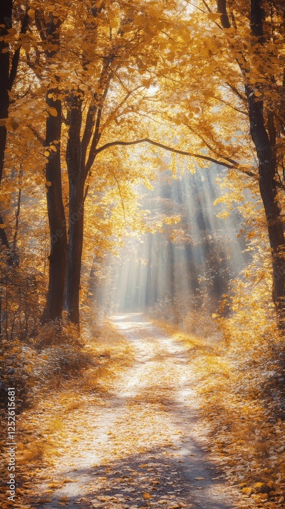 Obraz premium Autumn forest road winding through a canopy of golden yellow leaves Sunlight streams through the branches creating dappled patterns on the leafstrewn path ahead