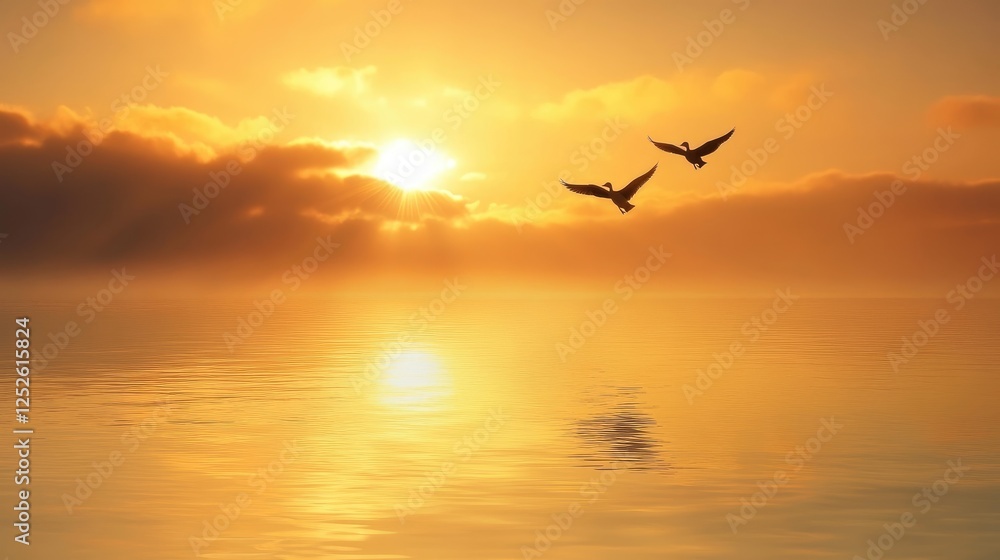 Two geese flying over still waters at sunrise, with the warm golden glow of the early morning sun reflecting off the water, evoking peace and beauty Two geese flying over still waters at sunrise, with the warm golden glow of the early morning sun reflecting off the water, evoking peace and beauty