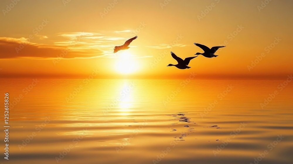 Fototapeta premium Two geese flying over still waters at sunrise, with the warm golden glow of the early morning sun reflecting off the water, evoking peace and beauty