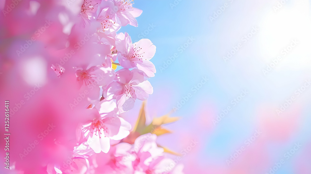 Delicate Cherry Blossom Branch Under Clear Blue Sky with Sunlight Delicate Cherry Blossom Branch Under Clear Blue Sky with Sunlight