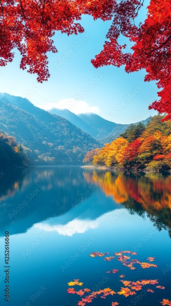 Autumn mountain lake with lush trees in shades of red and gold The clear blue sky and vibrant foliage reflect perfectly on the calm surface of the water creating a breathtaking view Autumn mountain lake with lush trees in shades of red and gold The clear blue sky and vibrant foliage reflect perfectly on the calm surface of the water creating a breathtaking view