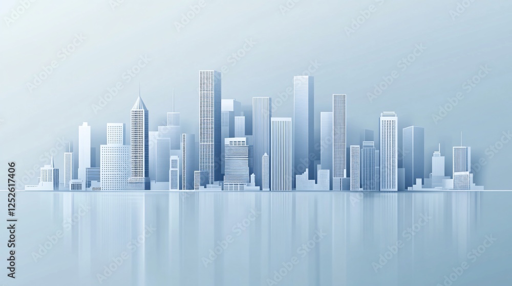 Minimalist city skyline illustration with a light blue color and reflection Minimalist city skyline illustration with a light blue color and reflection