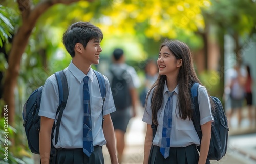 Joyful students conversing with one another as they go in a school hallway photo