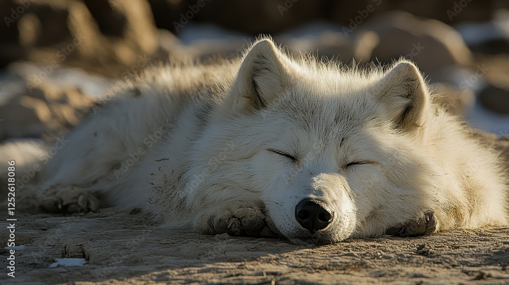 Obraz premium Serene Arctic Wolf Napping in Golden Hour