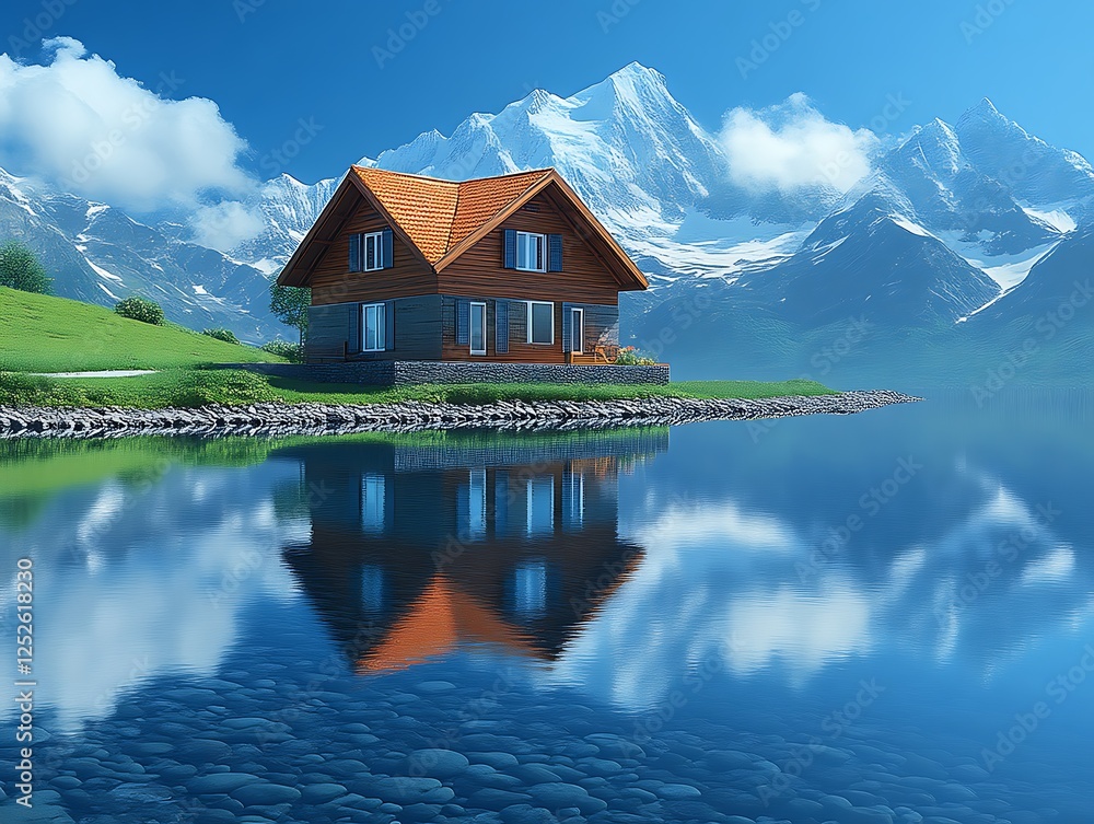 Fototapeta premium Mountain lake house reflection.
