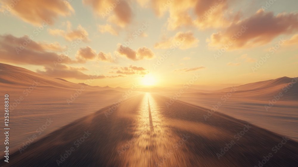 A breathtaking open road bathed in the warm hues of sunset, cutting through a scenic desert landscape A breathtaking open road bathed in the warm hues of sunset, cutting through a scenic desert landscape