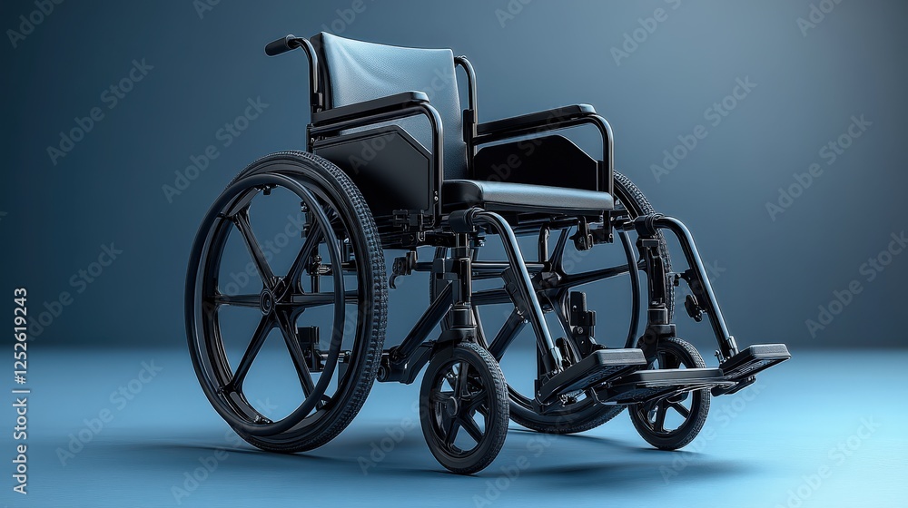 Fototapeta premium A sleek black wheelchair positioned on a smooth surface with a soft blue gradient background