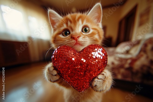 Cute donskoy feline infant with sparkling rhinestones red heart at cozy quarters. Ad animal artwork art. Donskoy - my beloved cat, symbol of care. Playful kitten valentine. Cozy cat love. photo