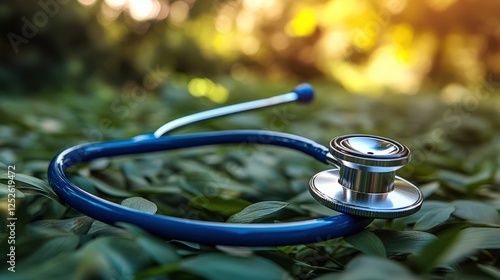 A stethoscope resting on lush green leaves, symbolizing health and nature's harmony