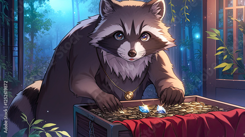 A fox sitting beside a box full of coins while a mischievous anime raccoon steals a shiny gemstone in a playful scene photo