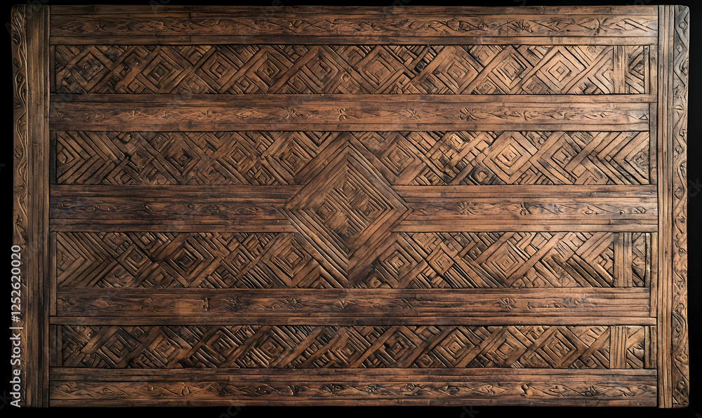 Intricate Wooden Wall Panel with Geometric Patterns and Textures