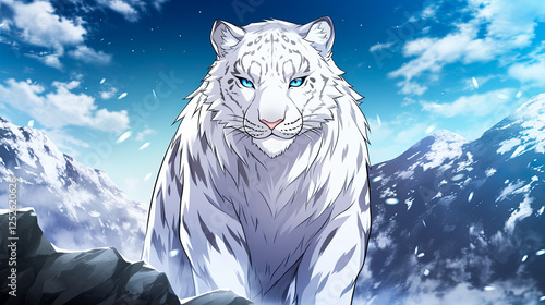 White tiger standing majestically on a mountain peak alongside an anime-style snow leopard on a rocky terrain under clear blue sky photo