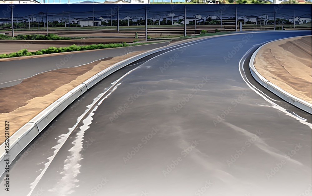 Newly paved road curving through suburban landscape. Newly paved road curving through suburban landscape.