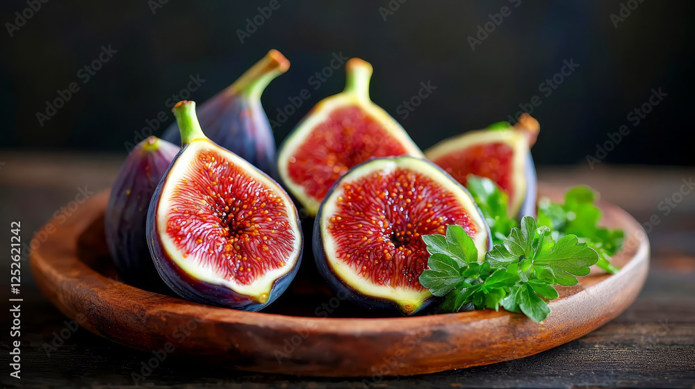 Organic figs arranged on a rustic platter with fresh herbs, ready to be served, Farm-to-Table, Elegant simplicity Organic figs arranged on a rustic platter with fresh herbs, ready to be served, Farm-to-Table, Elegant simplicity