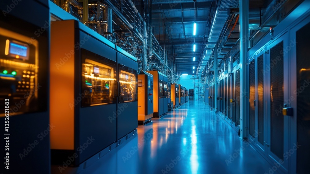 Fototapeta premium Factory corridor Industrial machines, nighttime operation, data center background, automation
