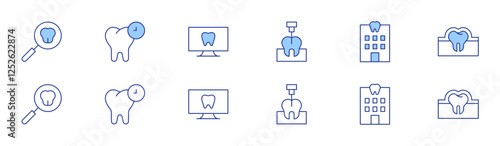 Dental icon set in two styles, Duotone and Thin Line style. Editable stroke. dental checkup, endodontist, dental, dentistry, enamel