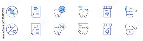 Dental icon set in two styles, Duotone and Thin Line style. Editable stroke. no sweets, medical invoice, dentist, toothbrush, tooth, dental floss