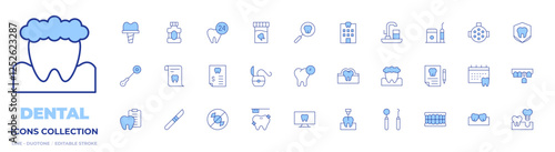 Dental icons collection. Line Duotone style, editable stroke. dental, diagnosis, x ray, mirror, scalpel, no sweets, medical invoice, toothbrush, dental floss