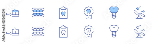 Dental icon set in two styles, Duotone and Thin Line style. Editable stroke. toothbrush, dentures, dental, badge, dental implant, dentist chair