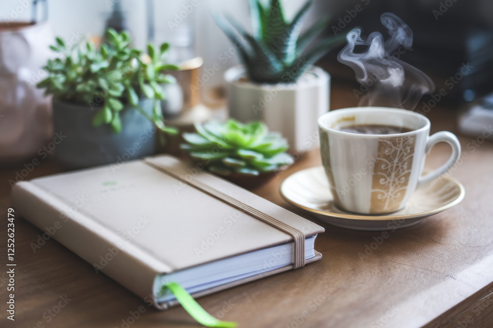 Mindful journaling session with coffee and plants on wooden desk Mindful journaling session with coffee and plants on wooden desk