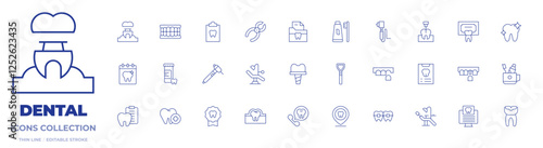 Dental icons collection. Thin Line icons, editable stroke. dental, dental drill, dental pliers, dentist chair, documents, implant, tongue cleaner, toothbrush, dentist, pills, teeth